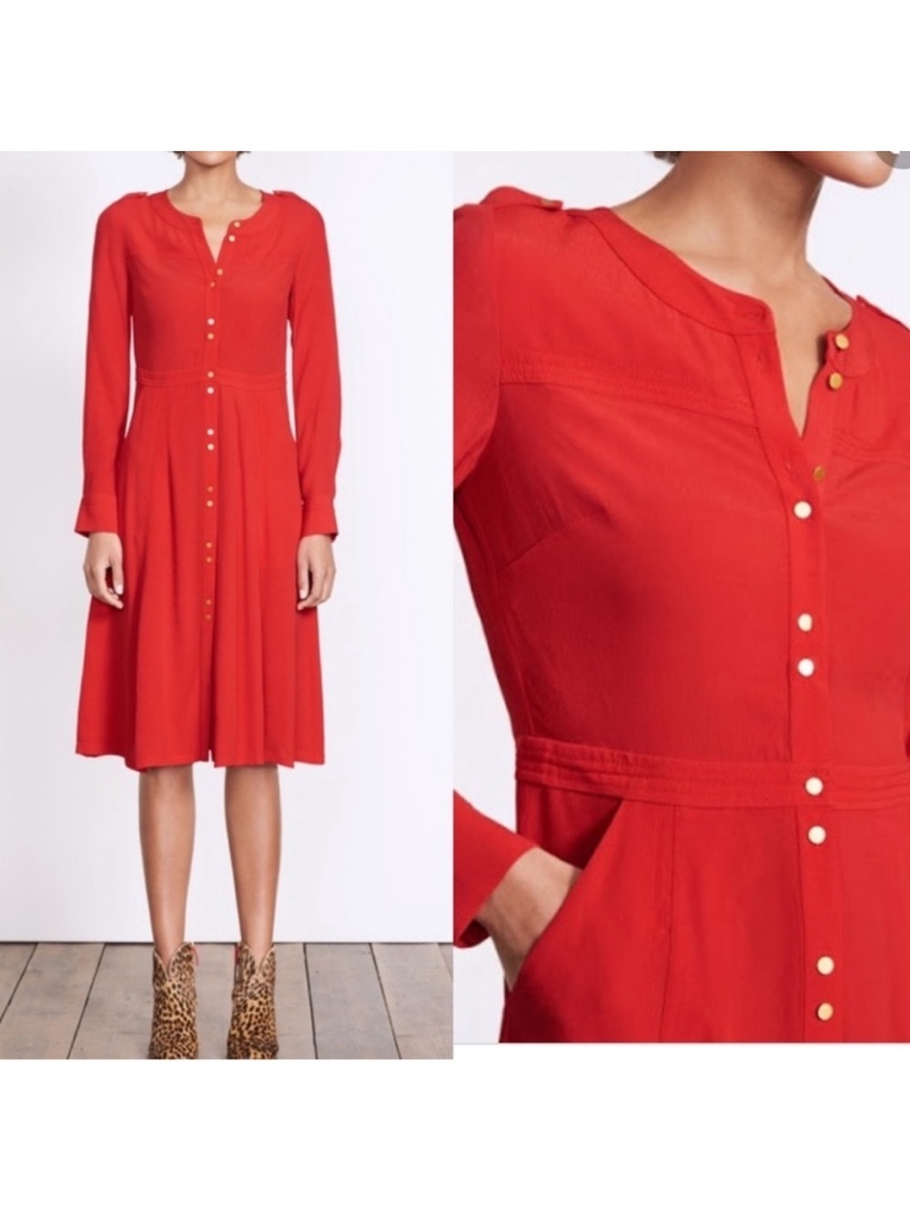 Boden Ashbourne Shirt Dress Orange Red Midi Button Front Size 10 Pockets